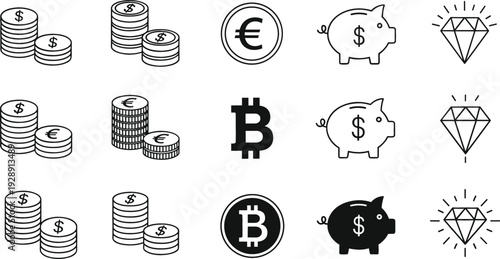 Money and finance icons vector set with coins piggy bank euro dollar bitcoin and diamond wealth symbols isolated on white background