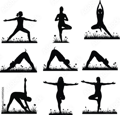Silhouettes of women performing yoga poses amidst grass and flowers, representing outdoor fitness, harmony, and vitality.