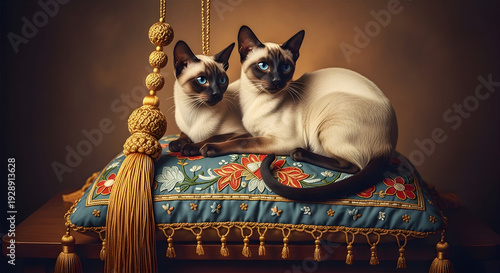 Twin Siamese on a Silk-Blue Pillow
Regal Cushion: Siamese Pair in Golden Embroidery
Royal Rest: Cats on a Floral-Embroidered Pillow