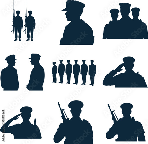 Soldier silhouette collection with salute and rifle poses, military personnel vector illustration isolated on white background defense concept set