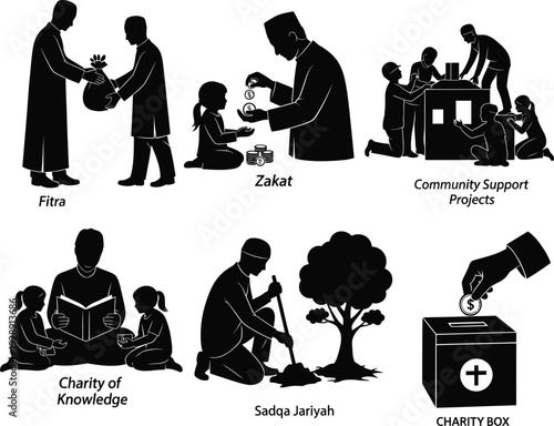 Islamic acts of kindness and support illustrated in silhouette: Fitra, Zakat, charity, knowledge sharing, and community projects.