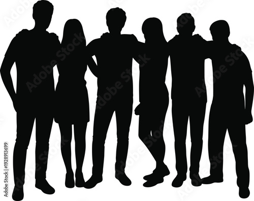 Silhouette of Young Friends Standing Together with Arms Linked, Diverse Group Unity and Friendship Concept Isolated on White Background