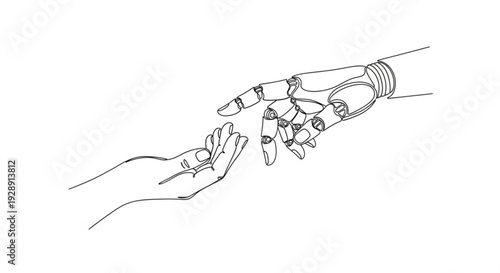 A robotic hand reaching out to a human hand in a gesture of assistance or interaction