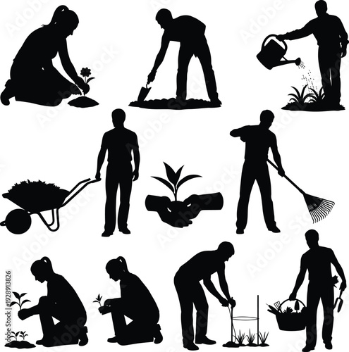 Diverse garden silhouette collection: individuals planting, watering, digging, and tending to plants with tools and wheelbarrow, depicting hobby and outdoor work.