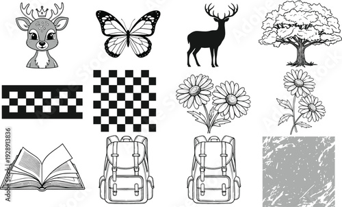 Hand drawn illustration elements vector set with animals flowers backpack book checker patterns and abstract textures sketch style isolated on white background