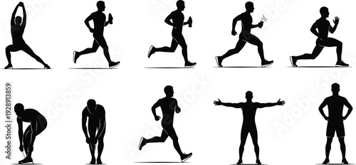 Fitness silhouettes: active individuals in dynamic poses – stretching, running, lunging, and recovering, embodying health, exercise, and a sporty lifestyle.