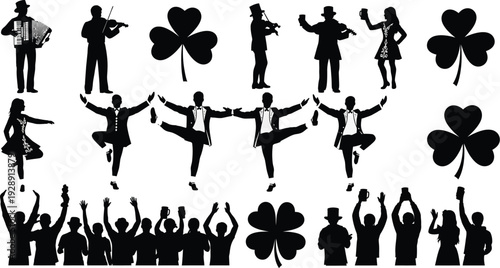 Irish celebration silhouettes: musicians playing accordion and violin, Irish dancers performing jigs, and cheering crowds with drinks, embodying St. Patrick's Day joy.
