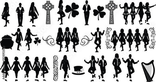 St. Patrick's Day celebration silhouettes: Irish dancers, Celtic knots, shamrocks, musicians, pot of gold, and happy people enjoying the festivities.