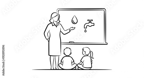 Teacher explaining water conservation to children sitting on floor in classroom setting