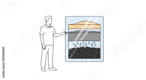 Man presenting layered geological formation diagram on screen in educational setting