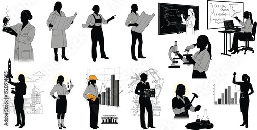 Collection of female silhouettes in science and engineering roles, depicted with blueprints, microscopes, rockets, and data charts.