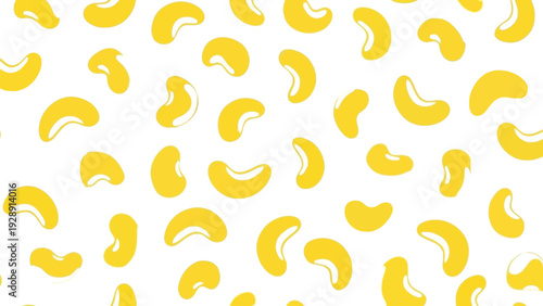 Yellow bean-like shapes scattered on a white background, creating a playful and cheerful pattern. The design feels lively and whimsical.