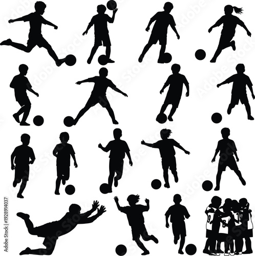 Action-packed silhouettes of boys and girls playing soccer, showing diverse moves from kicking and dribbling to goalkeeping and celebrating goals.