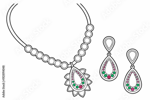 A minimalist line art illustration of a teardrop-shaped jewelry set with colorful gemstones