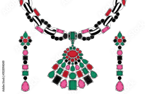 A colorful jewelry set featuring a necklace and earrings with pink, green, red, and black gemstones on a white background