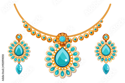 A vibrant illustration of a gold necklace and earrings set adorned with turquoise stones in a floral design