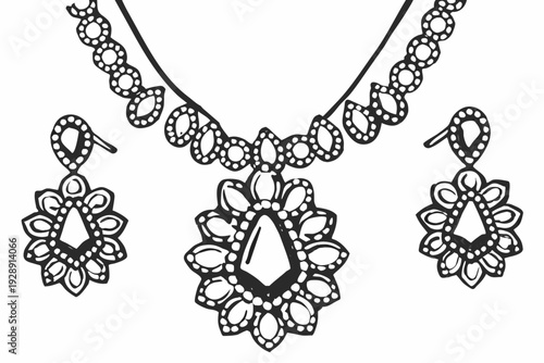 A black and white line drawing of a necklace and earrings set with a floral design and teardrop shaped gemstones.