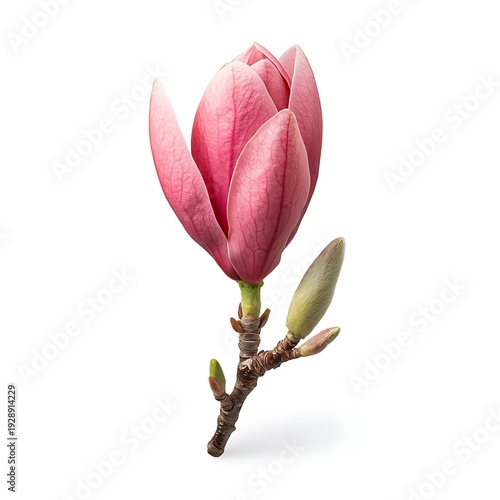 Pink Magnolia Flower Blooming on Branch with Soft Petals and Green Buds Against White Background