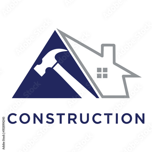 Construction logo with house and hammer on white background icon