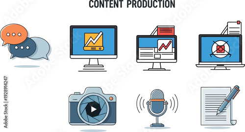 A comprehensive vector set of communication and technology icons featuring professional design symbols for web, mobile, and business electronics like laptops, phones, and monitors