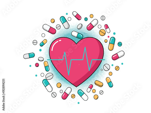 Heart surrounded by pills and capsules with ecg line through it on white background