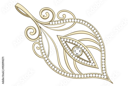 A gold and diamond pendant in the shape of a leaf with intricate filigree design