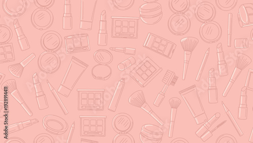 Seamless pattern of makeup items on a soft pink background, featuring brushes, lipsticks, eyeshadow palettes, and compact mirrors, conveying a stylish, feminine tone.