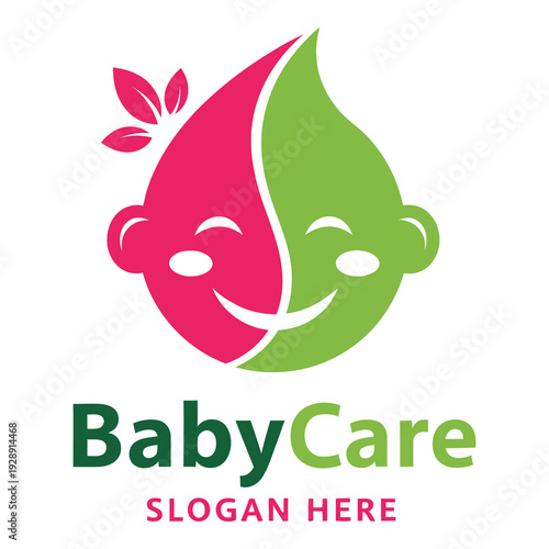 Baby care logo with smiling faces and leaf design elements for childcare services icon