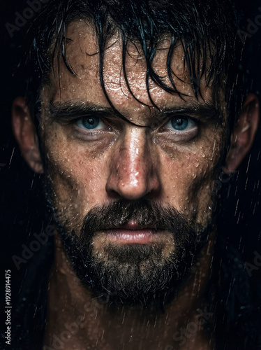 Intense wet bearded man portrait in rain with piercing blue eyes, dramatic close-up