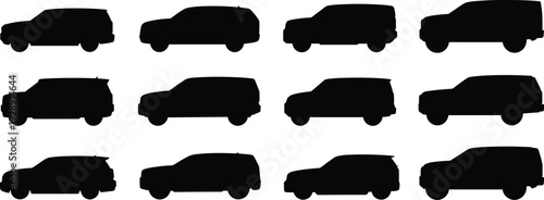 SUV Car Silhouettes Collection Isolated on White Background, Off Road and Urban Vehicle Set, Automotive Transport Illustration Design