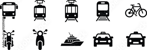 A set of black and white transportation icons representing various modes of travel and transit.