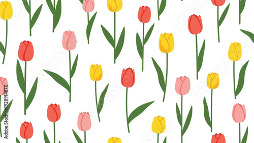 Repeating pattern of tulips in red, pink, and yellow with green leaves on a white background. The design is cheerful and vibrant.