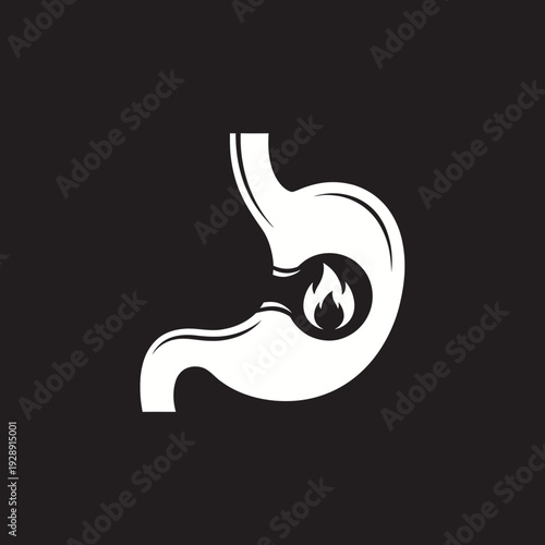 Minimalist vector illustration of a human stomach with an internal flame, conceptually depicting symptoms of heartburn, acid reflux, or severe indigestion