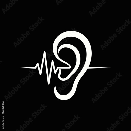 Minimalist graphic of an ear with a dynamic sound wave, symbolizing hearing, audio perception, and sensory awareness on a dark background