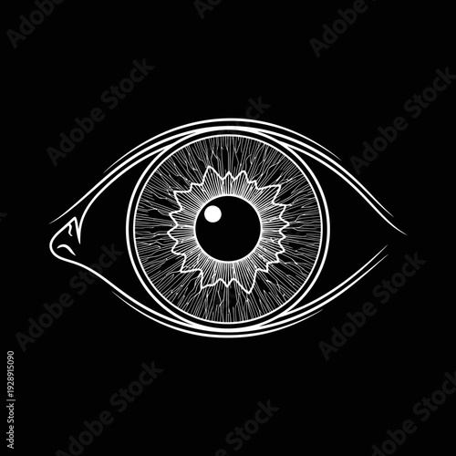 Close-up illustration of a stylized human eye with intricate details, presented against a stark black background, offering a unique perspective on vision and perception