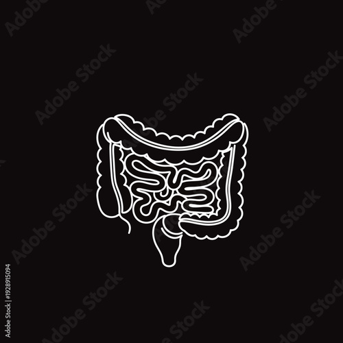 Anatomical illustration of the human intestinal system in white outline on a black background, representing digestive health and internal organs