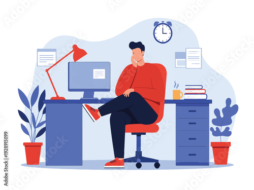 Man sitting at desk with computer monitor and lamp on white background  office worker relaxing