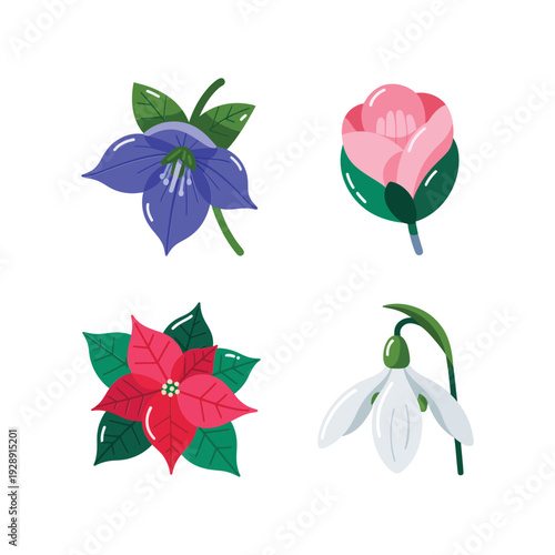 Spring bloom icons, bellflower stem, rose bud, poinsettia leaf cluster, snowdrop, festival decoration clipart, greeting card layout, floral craft session