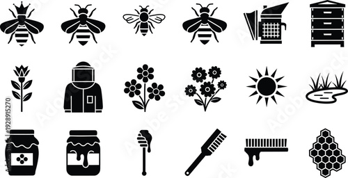 Collection of beekeeping and honey production icons featuring bees, hives, and tools.