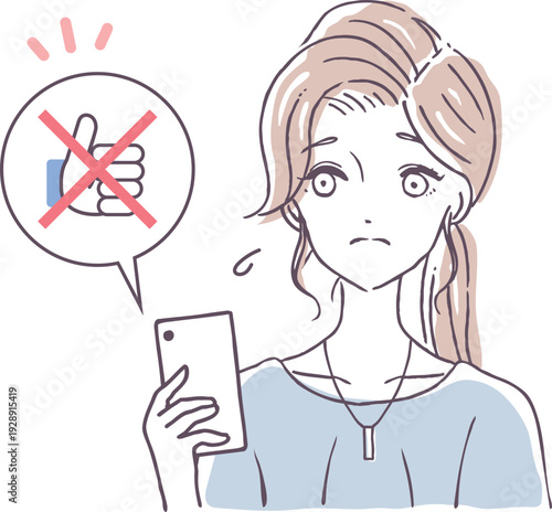 SNSの反応が少なく落ち込む女性　いいねを取り消す人　ベクターイラスト素材