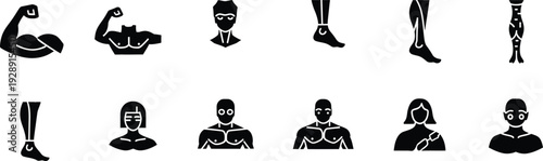 Collection of black and white icons representing human body parts muscles and fitness figures