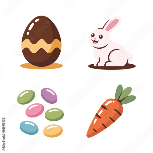 Chocolate egg, white bunny, candy eggs and carrot icons, cute Easter vector set for spring holiday greeting, children design