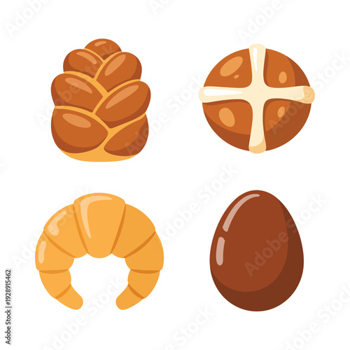 Braided loaf, hot cross bun, croissant and chocolate egg icons, Easter brunch bakery vector for spring festival menu and poster