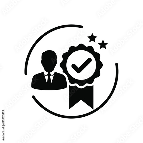 Vector illustration icon black silhouette of a man in a suit with a certificate and stars