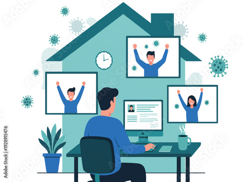 Man working from home with video calls on computer screens during covid pandemic with house and clock in background  remote work concept