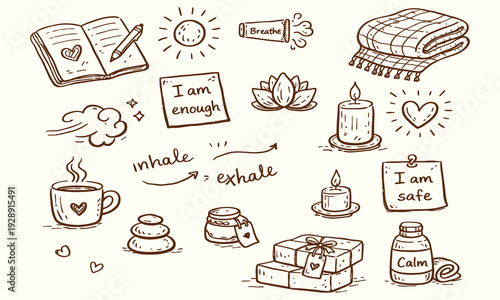 Self Care Icons Collection: Calm Breathe Journal Yoga Cozy Blanket Candles Gifts