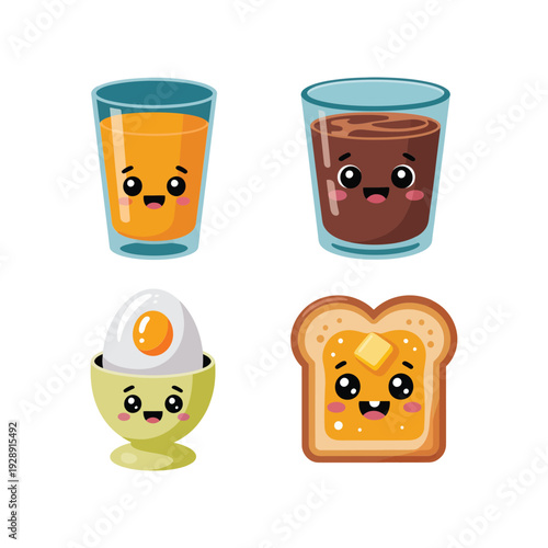 Cute breakfast set with juice glass, chocolate milk, boiled egg and toast, kawaii food vector for kids morning menu
