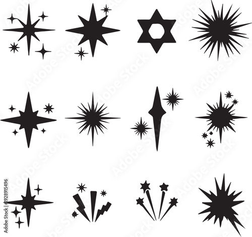 Dynamic collection of abstract starburst and sparkle vector graphics, ideal for adding festive shine, light effects, and energetic bursts to various design projects and digital media