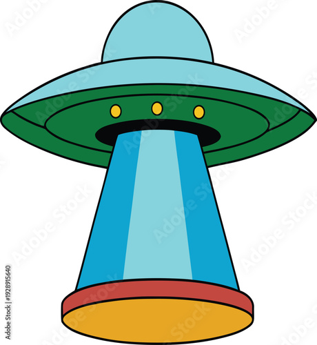 Cartoon green flying saucer u f o with blue light beam and yellow lights vector illustration EPS PNG file