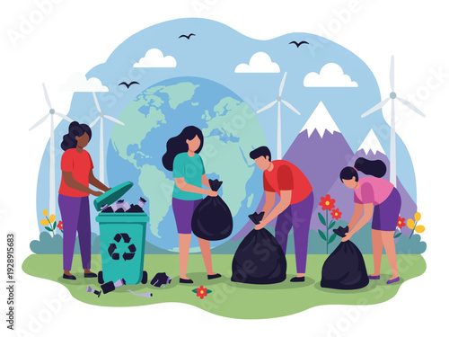 People cleaning up trash and recycling in front of earth with wind turbines and mountains  promoting environmental conservation and sustainability